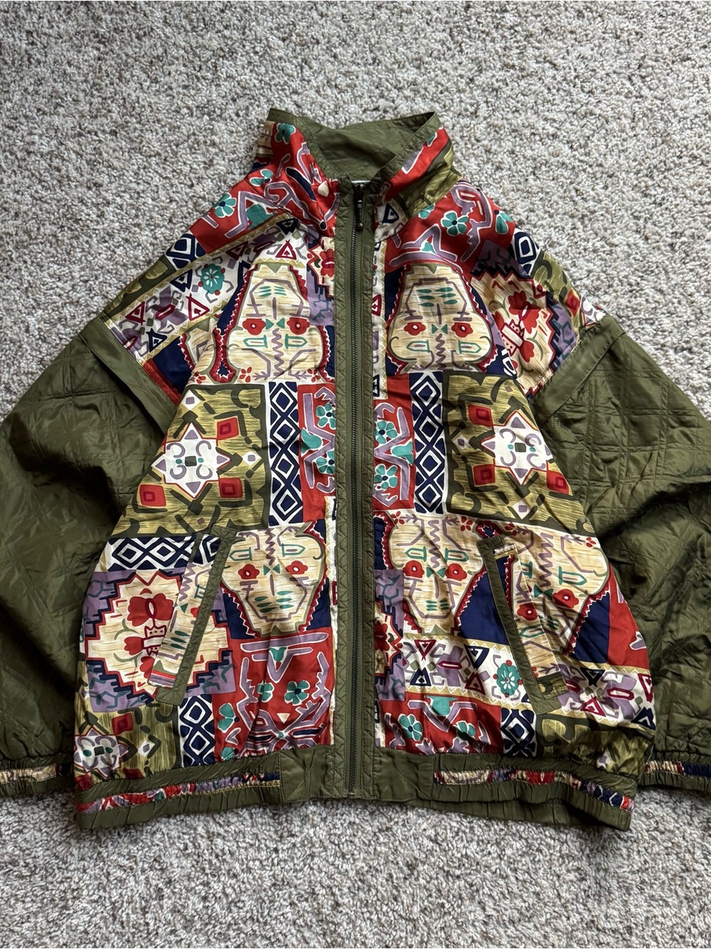 Vintage Mureli 100% Silk Jacket Men’s L Abstract Tribal Print Olive Windbreaker